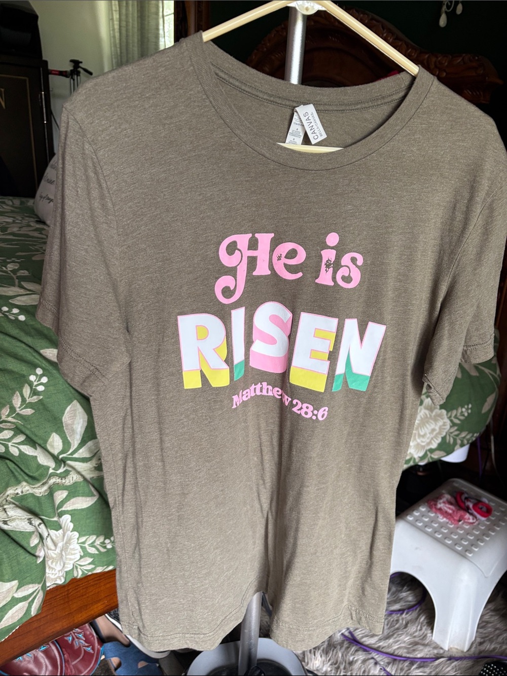 Bella Canvas Olive Green "He is Risen" Short Sleeve Tee